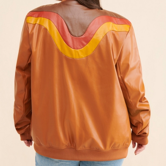 Vegan leather brown bomber jacket size XXL - Picture 3 of 5